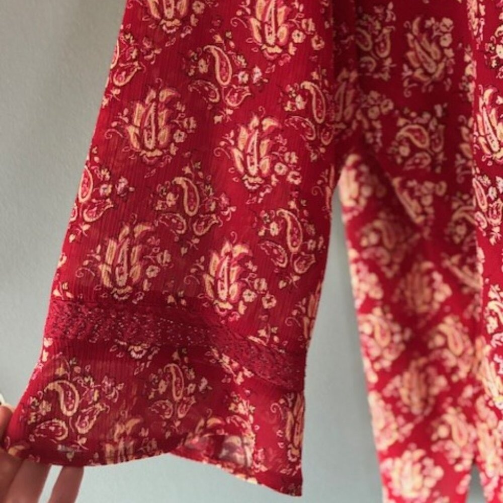 Liz Claiborne Woman 18W Red Paisley Button Front Lace Cuff Sleeve Blouse Boho - Picture 5 of 7